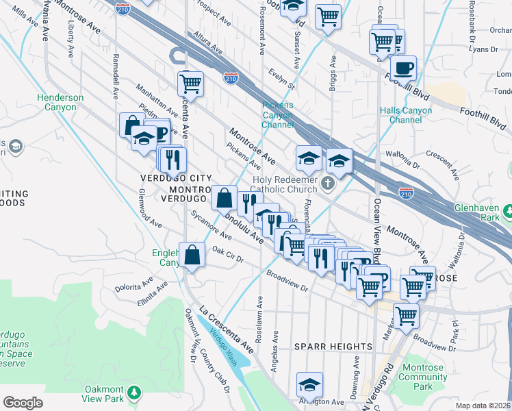 map of restaurants, bars, coffee shops, grocery stores, and more near 2625 Hermosa Avenue in Glendale