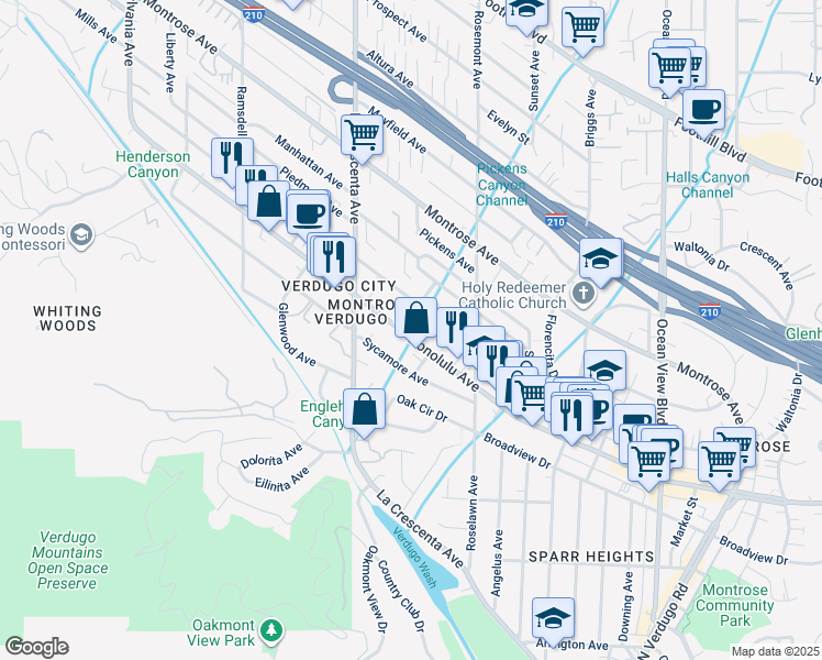 map of restaurants, bars, coffee shops, grocery stores, and more near 3810 Pleasure Way in Glendale