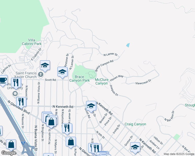 map of restaurants, bars, coffee shops, grocery stores, and more near 3005 Haven Way in Burbank