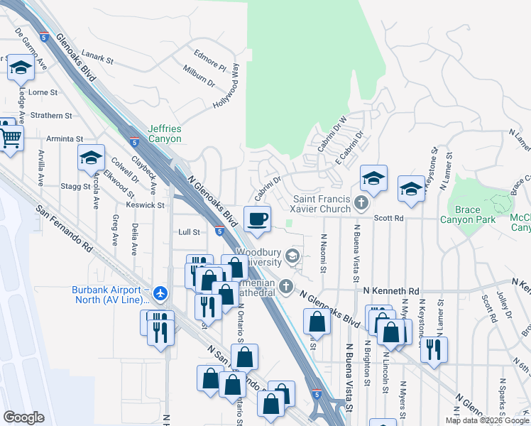 map of restaurants, bars, coffee shops, grocery stores, and more near 7727 Vía Sorrento in Burbank