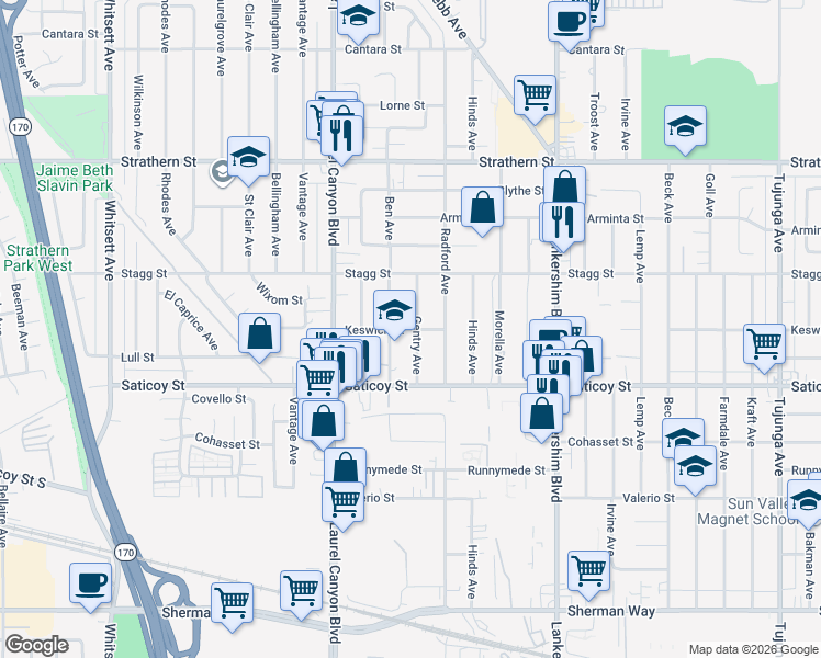 map of restaurants, bars, coffee shops, grocery stores, and more near 7701 Gentry Avenue in Los Angeles