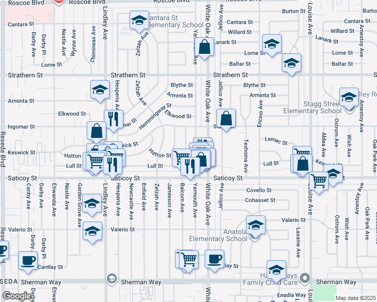map of restaurants, bars, coffee shops, grocery stores, and more near 7715 Balcom Avenue in Los Angeles