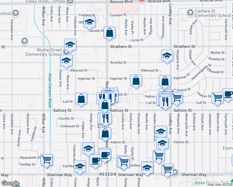 map of restaurants, bars, coffee shops, grocery stores, and more near 18435 Keswick Street in Los Angeles