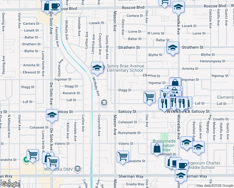 map of restaurants, bars, coffee shops, grocery stores, and more near 7712 Mason Avenue in Los Angeles