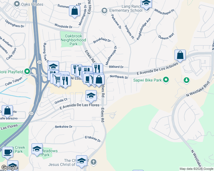 map of restaurants, bars, coffee shops, grocery stores, and more near 2244 Hollowpark Court in Thousand Oaks