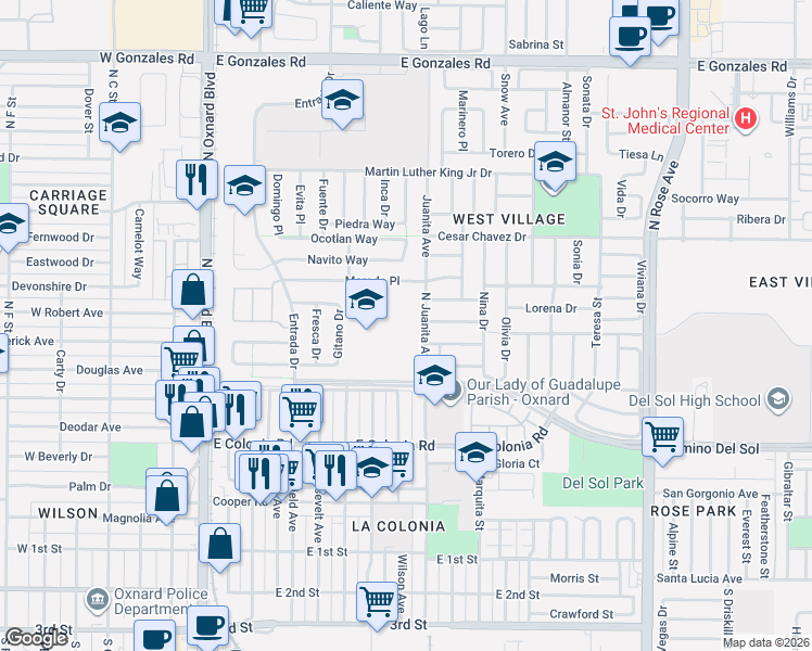 map of restaurants, bars, coffee shops, grocery stores, and more near 701 North Juanita Avenue in Oxnard