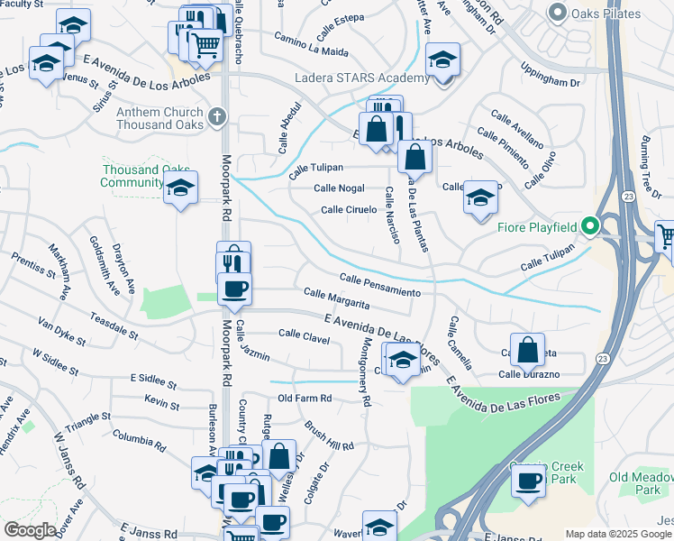 map of restaurants, bars, coffee shops, grocery stores, and more near 889 Calle Pensamiento in Thousand Oaks