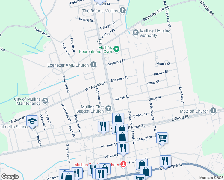 map of restaurants, bars, coffee shops, grocery stores, and more near 424 North Main Street in Mullins