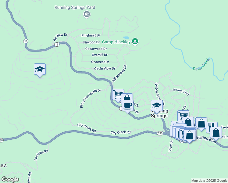 map of restaurants, bars, coffee shops, grocery stores, and more near 31502 Hilltop Boulevard in Running Springs