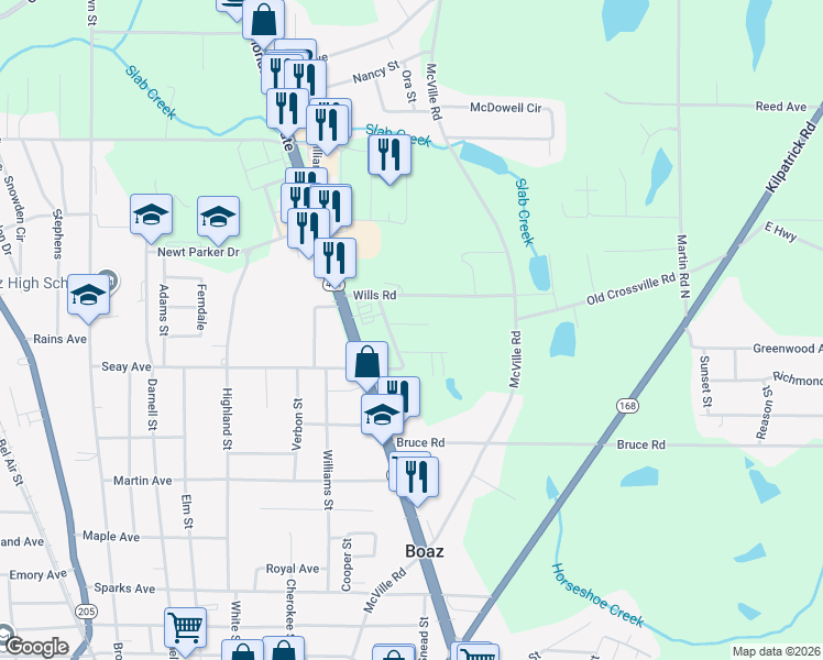 map of restaurants, bars, coffee shops, grocery stores, and more near 154 Charlotte Street in Boaz