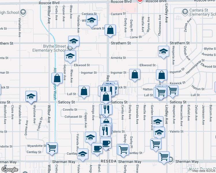map of restaurants, bars, coffee shops, grocery stores, and more near 7722 Reseda Boulevard in Los Angeles