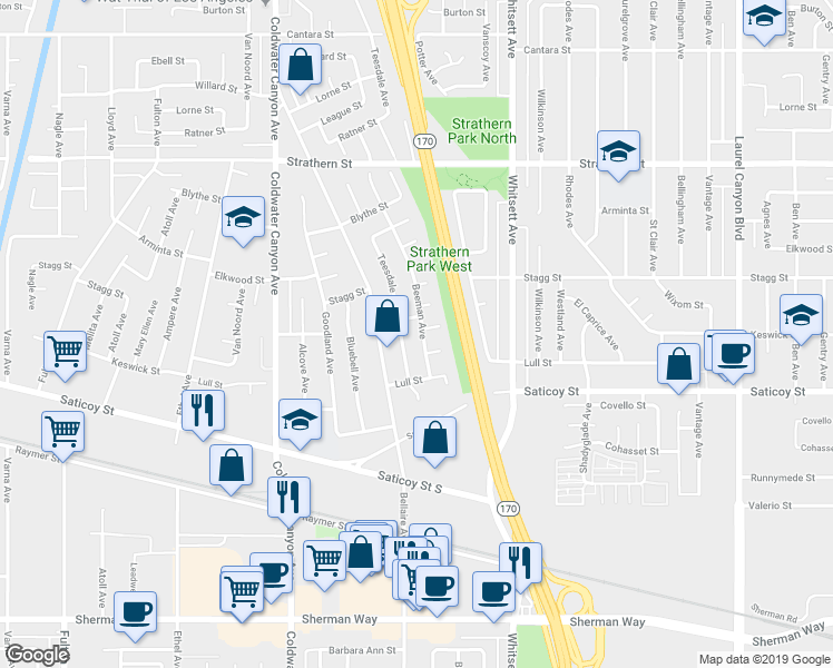 map of restaurants, bars, coffee shops, grocery stores, and more near 7669 Beeman Avenue in Los Angeles