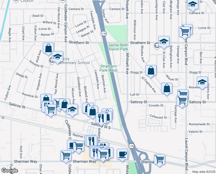 map of restaurants, bars, coffee shops, grocery stores, and more near 12616 Solvang St in North Hollywood