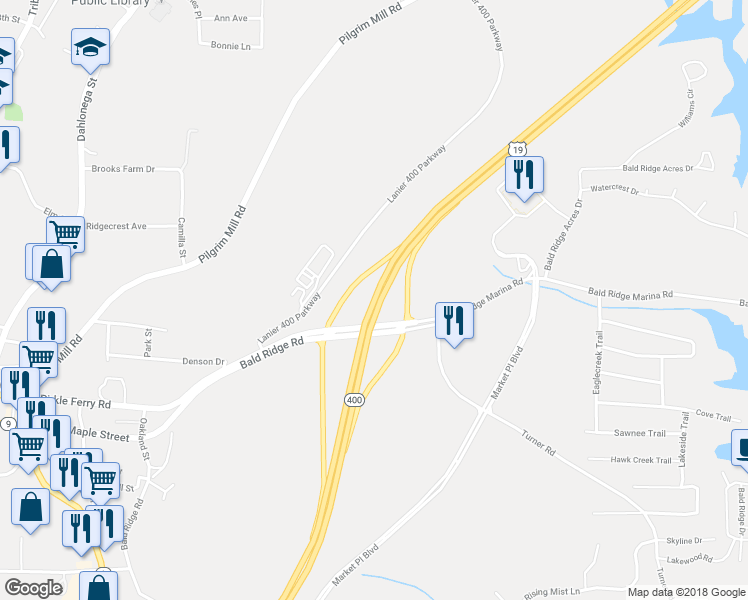 map of restaurants, bars, coffee shops, grocery stores, and more near Highway 400 in Cumming