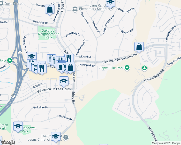 map of restaurants, bars, coffee shops, grocery stores, and more near 2207 Greenpark Court in Thousand Oaks