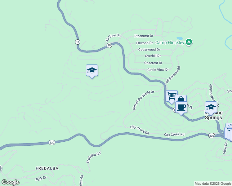 map of restaurants, bars, coffee shops, grocery stores, and more near 2410 Spring Oak Drive in Running Springs