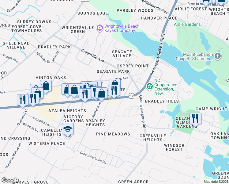 map of restaurants, bars, coffee shops, grocery stores, and more near in Wilmington