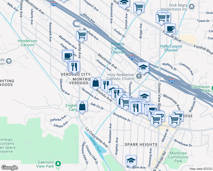 map of restaurants, bars, coffee shops, grocery stores, and more near 2627 Hermosa Avenue in Glendale