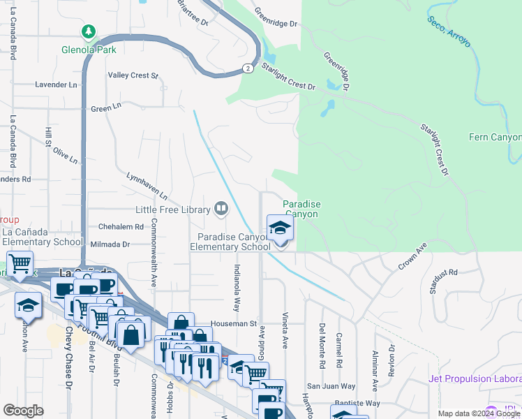 map of restaurants, bars, coffee shops, grocery stores, and more near 4938 Gould Avenue in La Cañada Flintridge