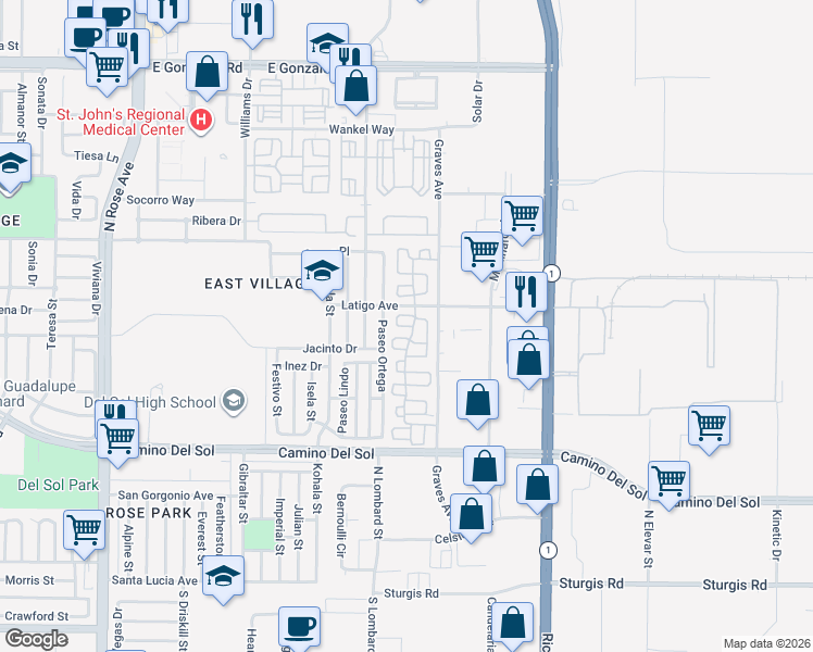 map of restaurants, bars, coffee shops, grocery stores, and more near 902 Paseo Brisas Lindas in Oxnard
