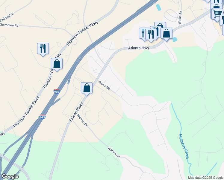 map of restaurants, bars, coffee shops, grocery stores, and more near 3887 Parks Road in Flowery Branch