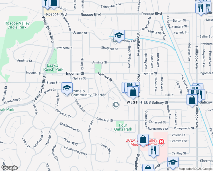map of restaurants, bars, coffee shops, grocery stores, and more near 7650 Woodhall Avenue in Los Angeles