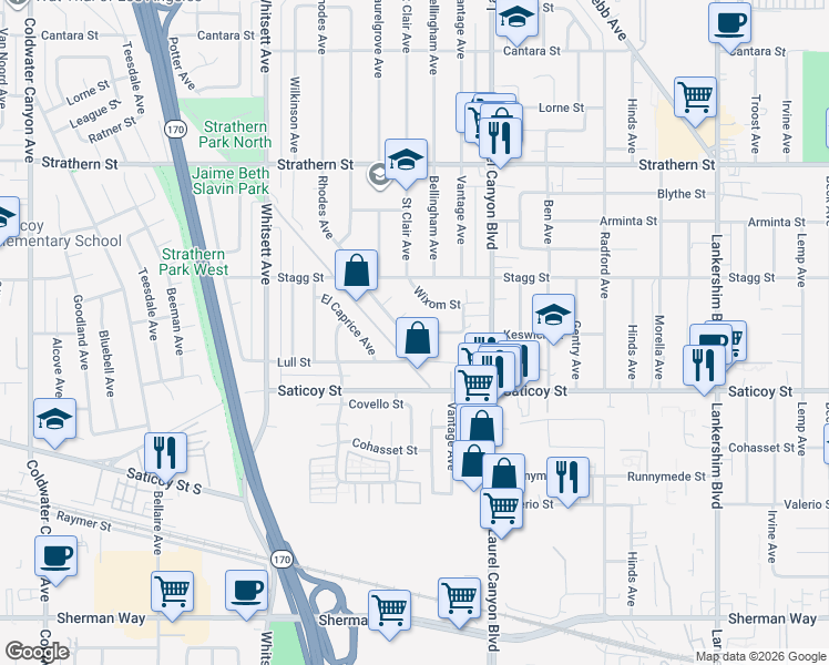 map of restaurants, bars, coffee shops, grocery stores, and more near Keswick Street in Los Angeles