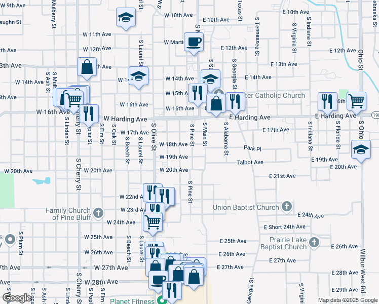map of restaurants, bars, coffee shops, grocery stores, and more near 1814 South Pine Street in Pine Bluff