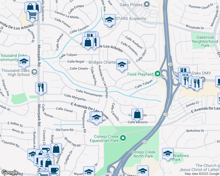 map of restaurants, bars, coffee shops, grocery stores, and more near 1224 Calle Tulipan in Thousand Oaks