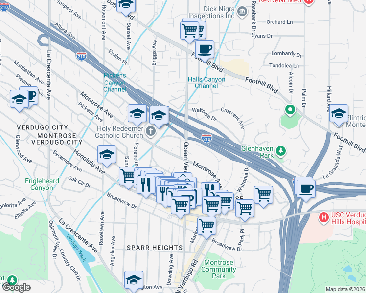 map of restaurants, bars, coffee shops, grocery stores, and more near 4123 Ocean View Boulevard in La Crescenta-Montrose
