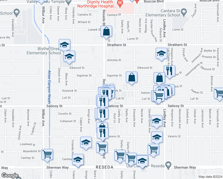 map of restaurants, bars, coffee shops, grocery stores, and more near 18435 Keswick Street in Los Angeles