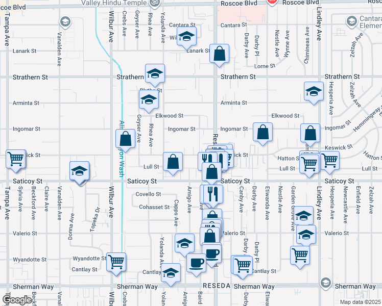 map of restaurants, bars, coffee shops, grocery stores, and more near 7710 Baird Avenue in Los Angeles
