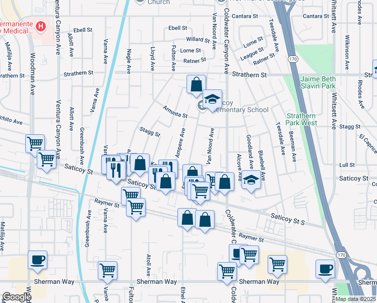 map of restaurants, bars, coffee shops, grocery stores, and more near 7707 Ethel Avenue in Los Angeles
