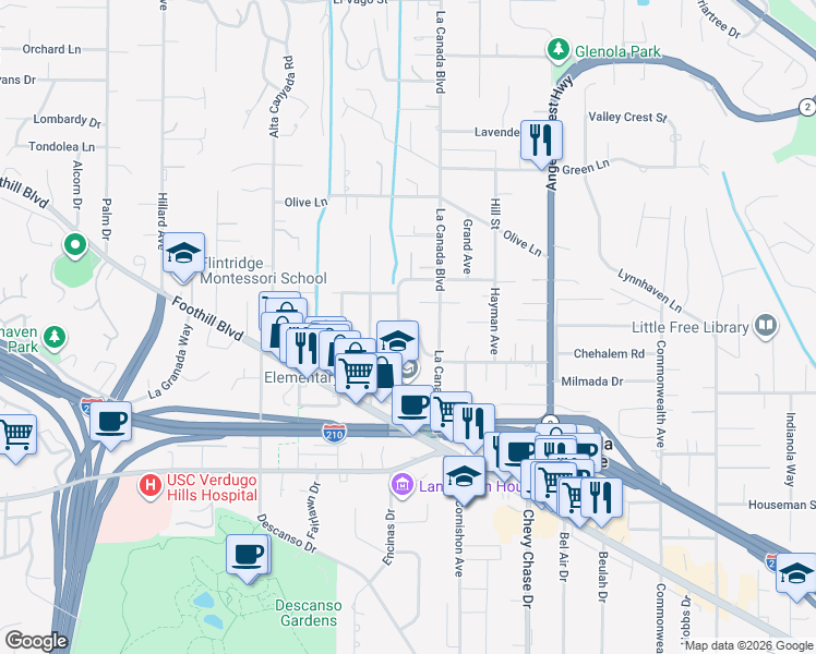 map of restaurants, bars, coffee shops, grocery stores, and more near 1244 Fernside Drive in La Cañada Flintridge