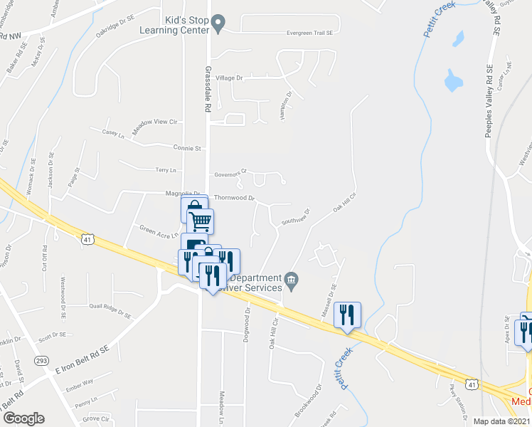 map of restaurants, bars, coffee shops, grocery stores, and more near 107 Thornwood Drive Northeast in Cartersville