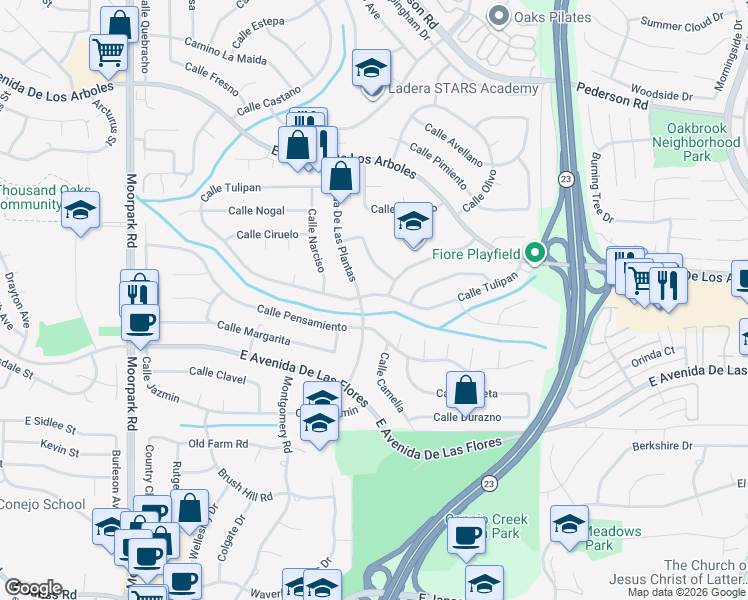 map of restaurants, bars, coffee shops, grocery stores, and more near 1224 Calle Tulipan in Thousand Oaks