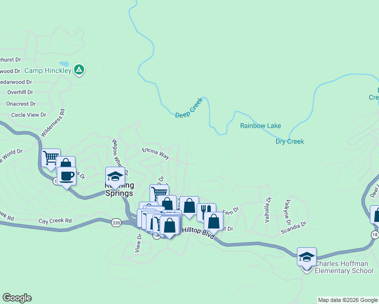 map of restaurants, bars, coffee shops, grocery stores, and more near 2395 Hunsaker Drive in Running Springs