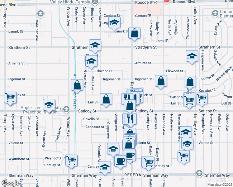 map of restaurants, bars, coffee shops, grocery stores, and more near 7703 Baird Avenue in Los Angeles