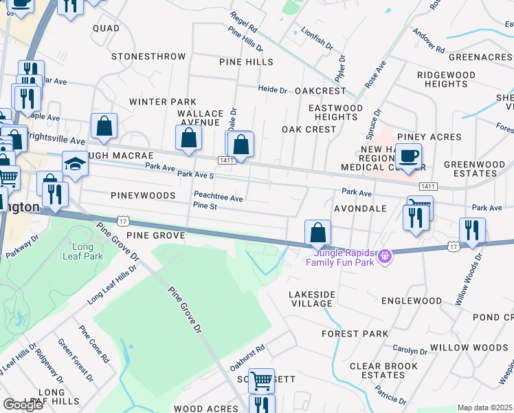 map of restaurants, bars, coffee shops, grocery stores, and more near 5031 Pine Street in Wilmington