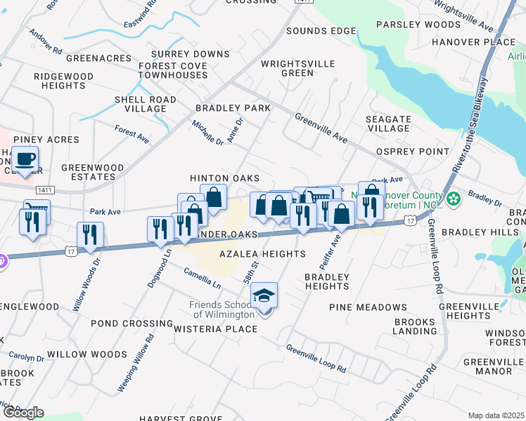 map of restaurants, bars, coffee shops, grocery stores, and more near 5700 Marguerite Drive in Wilmington