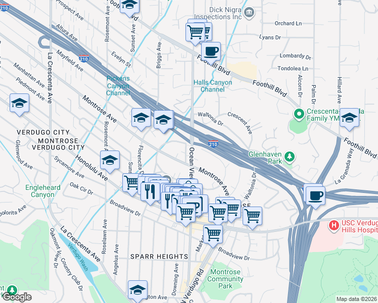 map of restaurants, bars, coffee shops, grocery stores, and more near 4127 Ocean View Boulevard in La Crescenta-Montrose