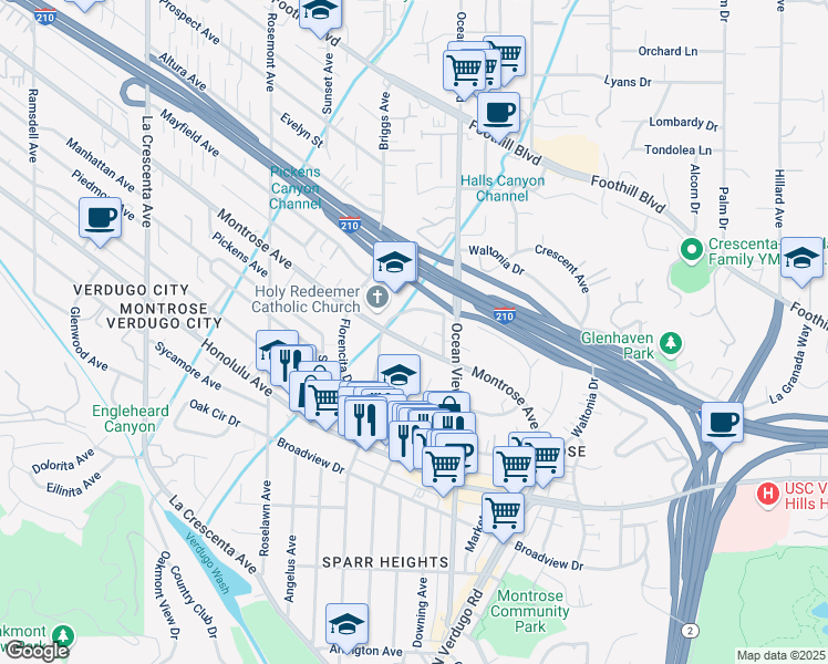 map of restaurants, bars, coffee shops, grocery stores, and more near 2351 Montrose Avenue in La Crescenta-Montrose