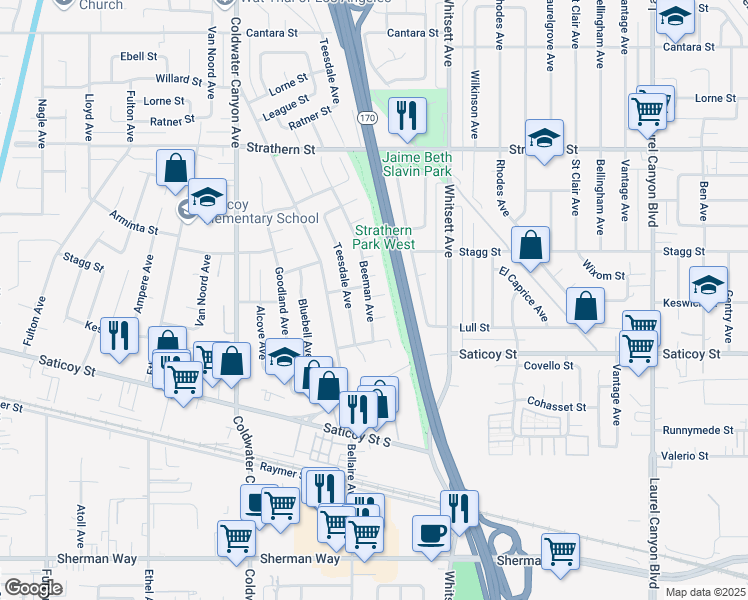 map of restaurants, bars, coffee shops, grocery stores, and more near 7668 Beeman Avenue in Los Angeles
