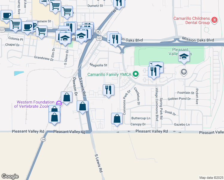 map of restaurants, bars, coffee shops, grocery stores, and more near 350 Mike Loza Drive in Camarillo