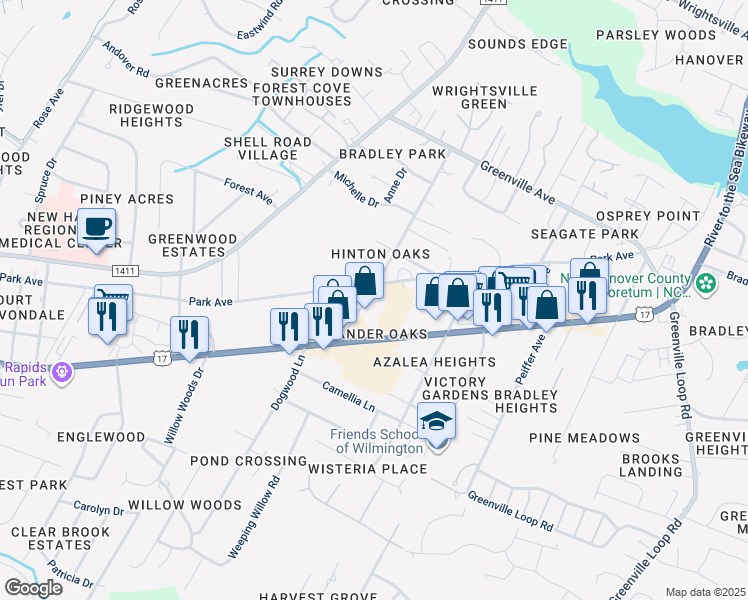 map of restaurants, bars, coffee shops, grocery stores, and more near 109 Hinton Avenue in Wilmington