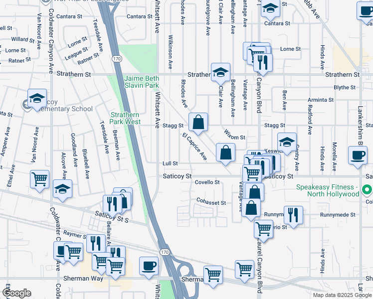 map of restaurants, bars, coffee shops, grocery stores, and more near 7663 Shadyglade Avenue in Los Angeles