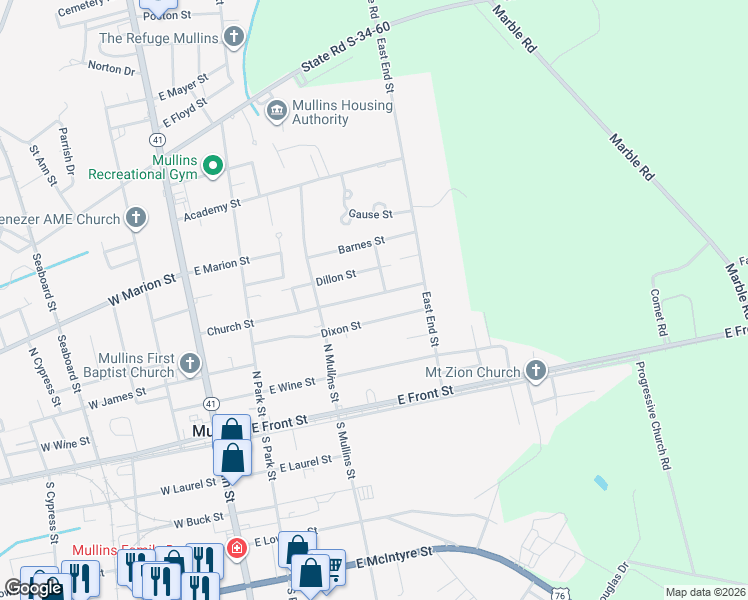 map of restaurants, bars, coffee shops, grocery stores, and more near 330 East Church Street in Mullins