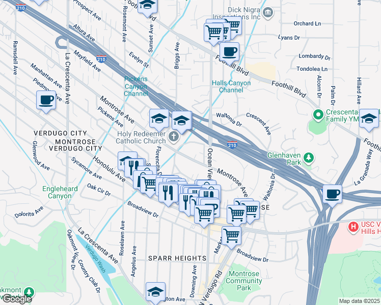 map of restaurants, bars, coffee shops, grocery stores, and more near 2345 Montrose Avenue in La Crescenta-Montrose