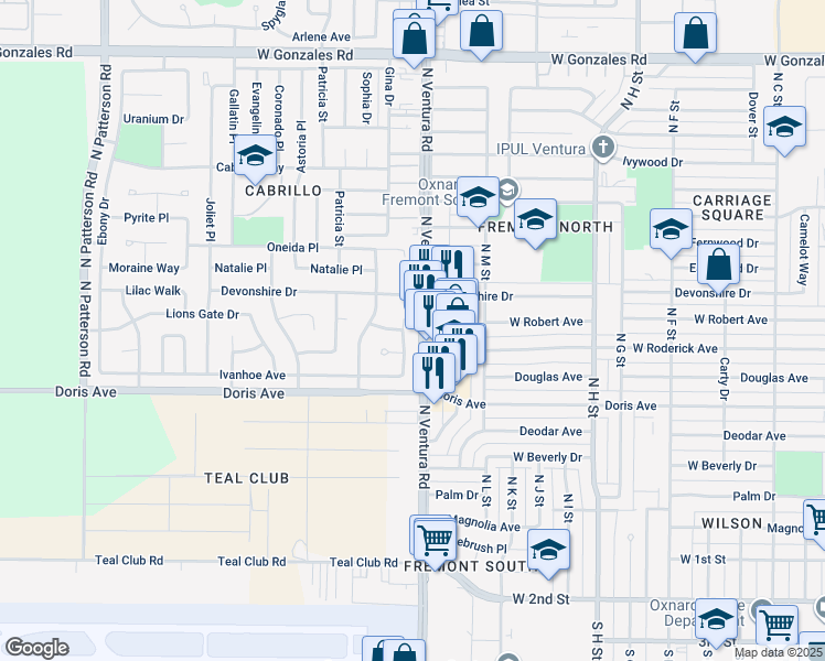 map of restaurants, bars, coffee shops, grocery stores, and more near 840 North Ventura Road in Oxnard