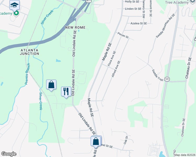 map of restaurants, bars, coffee shops, grocery stores, and more near 2821 Maple Road Southeast in Rome